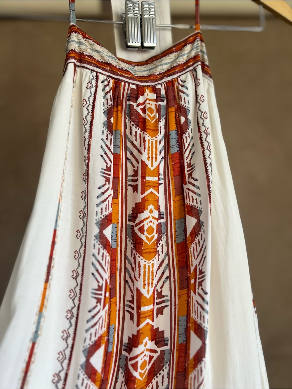 Boho White Mini Sun Dress with Orange and Turquoise Geometric Racerback Design - Picture 3 of 13